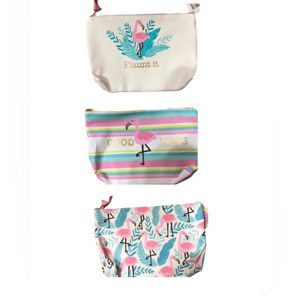 3pack pink flamingo themed “flaunt‎ it” & “good vibes” makeup bag coin pouch new